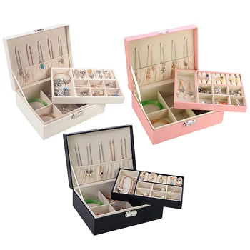 

Jewelry Organizer Box - Women Two Layer Display Storage Case Large PU Leather Jewelry Holder with Lock for Earring Ring Necklace