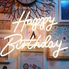 Led Happy Birthday Neon Lamp Lights with Power Adapter Wall Decor Creative Lights for Bride Wedding Party Bar Home Neon Lights