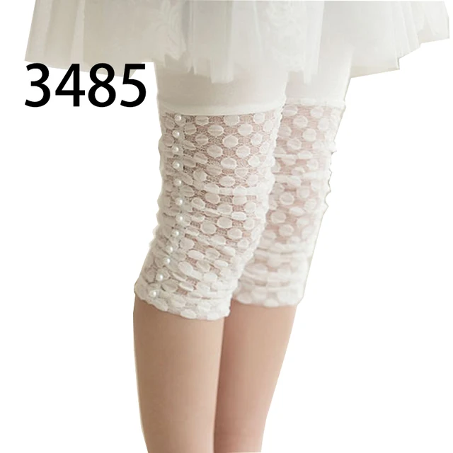 High Quality 2021 New Summer Girls Leggings Pants Lace Cotton Children Clothing Flower Girl Knee Pants 3485 White