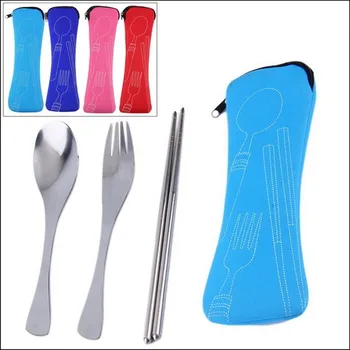 

3pcs / set New Stainless Steel Fork Cutlery Reusable Outdoor Camping Portable Bag Picnic Dinnerware Tableware