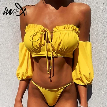 

In-X Sexy short sleeve bikini 2020 Yellow off shoulder swimsuit female Ruffles swimwear women bathing suit String bikinis set