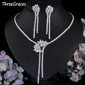 

ThreeGraces Luxury Bridal Wedding Party Jewelry White Leaf Cubic Zirconia Long Tassel Drop Necklace Earrings Set for Bride TZ551
