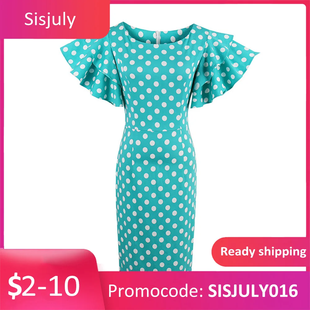 Sisjuly Горошек Лепесток Рукав Винтажное Платье Bodycon Женщины Молния Оболочка