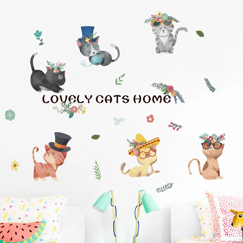 Lovely Cats Wall Stickers For Kids Rooms Bedroom Home Decor Cartoon Animals Wall DIY Poster PVC Mural Art Decoration Accessories