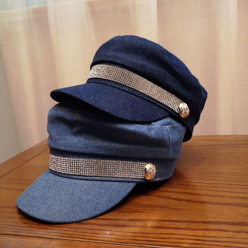 

10pcs/lot 01908-duxiao4860 autumn Denim fabrics Rhinestone Webbing octagonal hat men women leisure beret cap wholesale