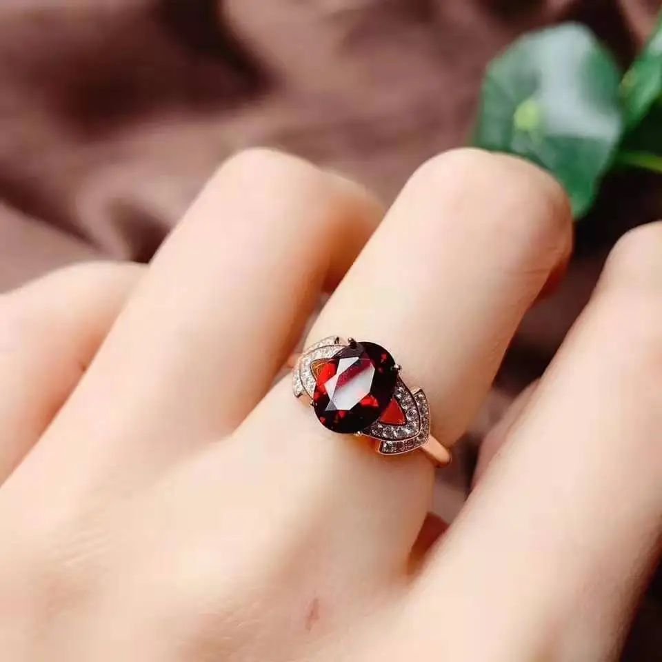 Rose gold ring Натуральный гранат S925 Серебряное Кольцо Кулон ожерелье набор модный и элегантный для женщин - Цвет камня: Rose gold ring