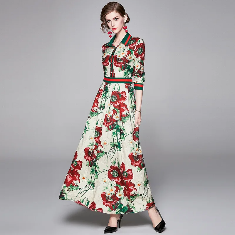 

Europe And America Western Style Long Skirts 2020 Spring Fold-down Collar Long Sleeve Printed Big Hemline Waist Hugging Fresh by