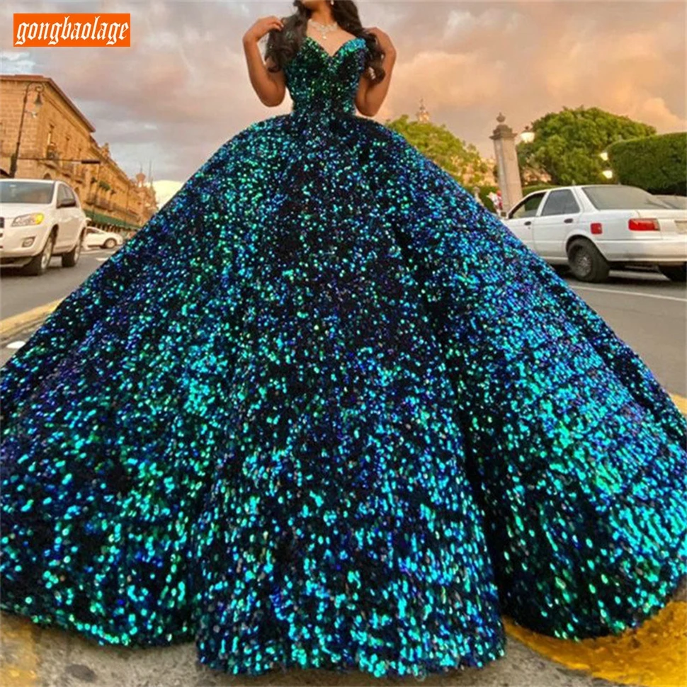 Sequined Evening Dresses Real Photos Lace Up Ball Gown Fluffy Party Women Formal Dress Long Gala Custom Made Gala De Soiree 2020 1