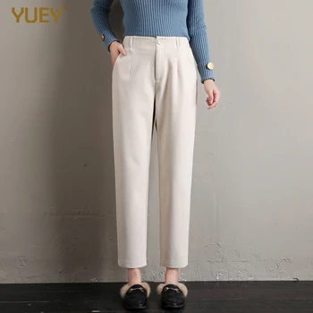 

YUEY New Women's Slacks Loose Cropped Pants Harem Pants Woolen Straight Pantyhose Elastic Band White Black