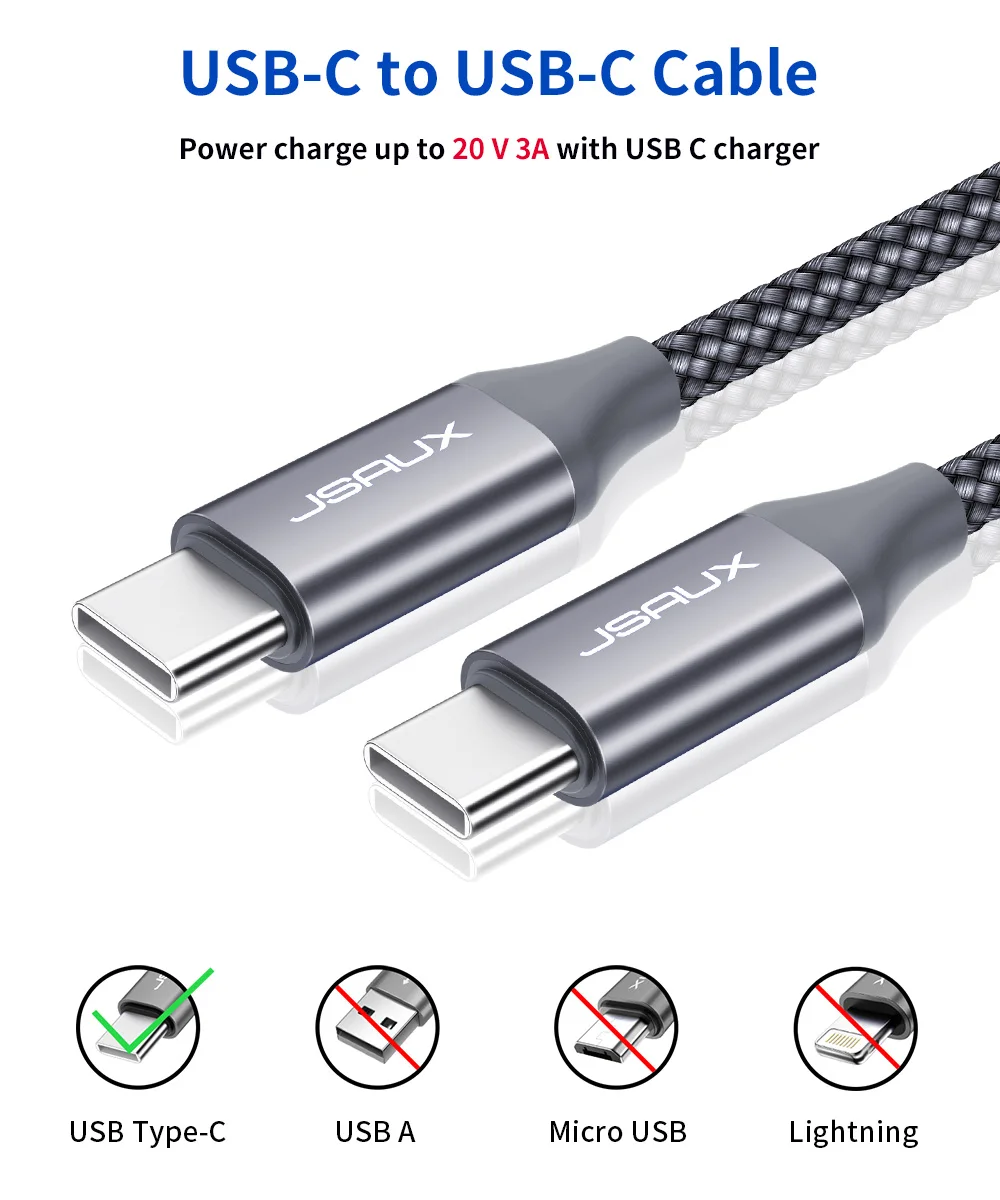 JSAUX 60 Вт USB C к usb type-C кабель PD QC 2,0/3,0 кабель для быстрой зарядки для Macbook samsung Google Pixel