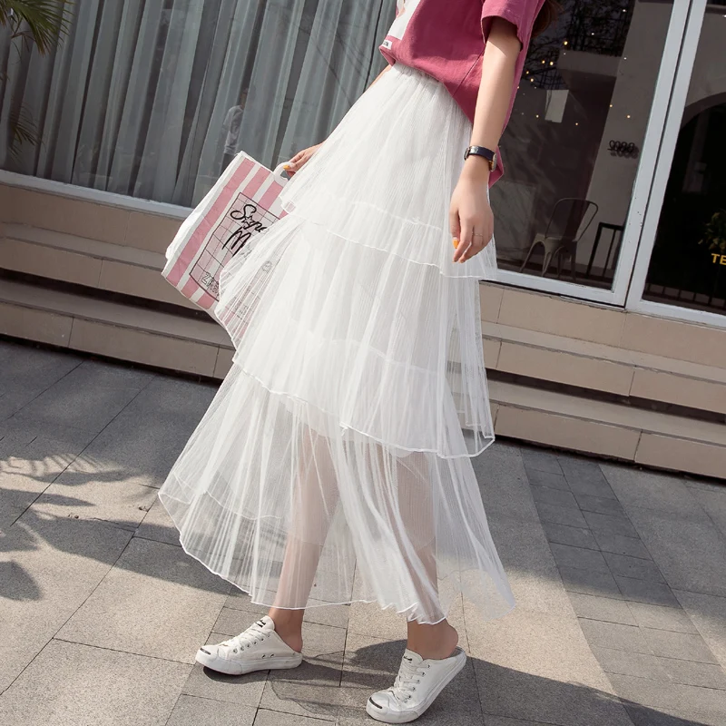 

Long Mesh And Lace Skirts Women Fashion Soild Layered Skirt Female Casual Pleated Maxi Skirts 2019 Autumn Winter