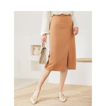 

INMAN Winter High Waist Show Fitness Slide Split A Line Medium Long Women Solid Color Fashion Skirt