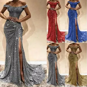 

1PC Women Long Dress Party Formal Bridesmaid Wedding Off Shoulder Ruffles Fashion Dresses Plus Size S-3XL