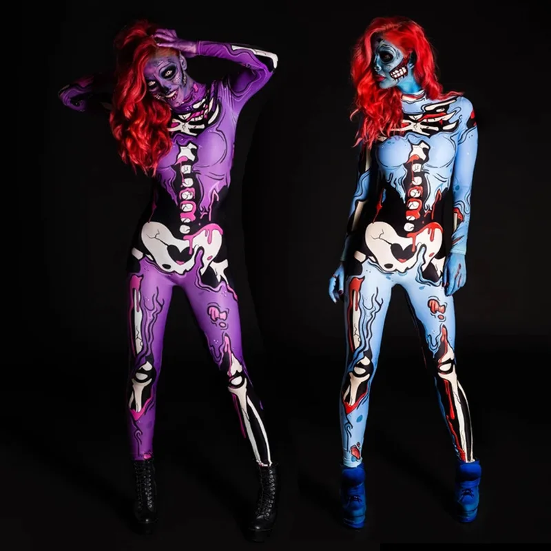 Human Skeleton Cosplay Romper Women Halloween One Piece Bodycon Jumpsuits 3D Halloween Skull Flowers Party Club Outfits Femme