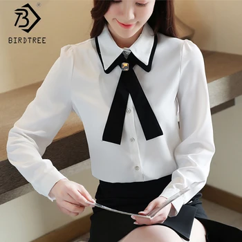 

Women Shirts 2020 Spring Autumn Double-layer Full Sleeve Single-breasted Bow Chiffon Blouses Tops All Match T05012K