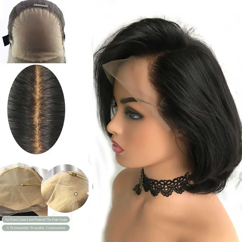

Bob Invisible 13X6 Fake Scalp Deep Part Short Cut Wavy Closure Human Hair Wigs With Bangs For Women Black Brazilian Remy