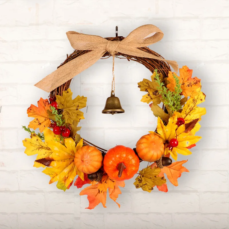 

Autumn Leaf Pumpkin Wreath with Bell Thanksgiving Halloween Front Door Home Decor DTT88