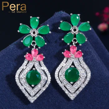 

Pera Luxury CZ Brand Jewelry Vintage Nigerian Women Party Big Flower Long Drop Earrings With Natural Green And Red Stone E195