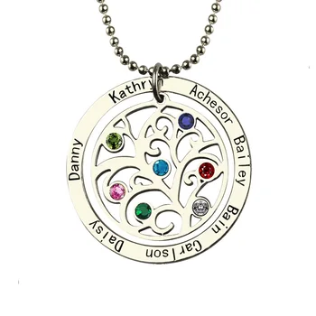 

AILIN Birthstone Family Tree Necklace Personalized Mother Necklace Engraved Our Family Name Necklace Silver Nameplate Jewelry