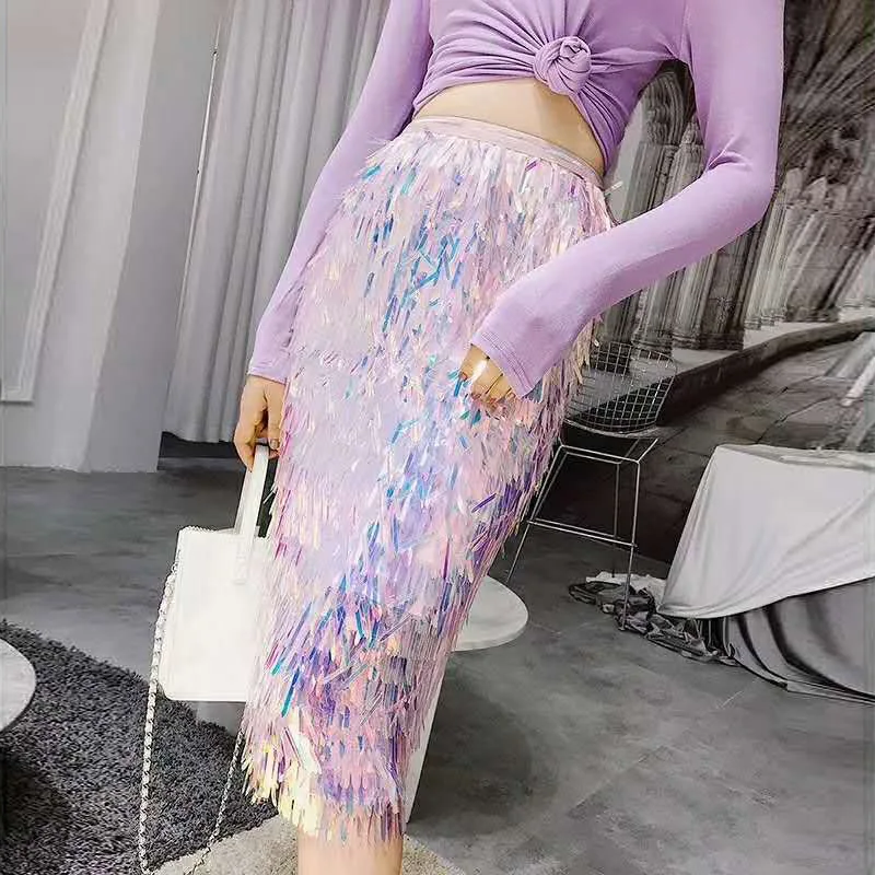 Модная голографическая цветная длинная юбка, блестящая расшитая блестками эластичная талия, многослойная Лоскутная юбка, высокая уличная юбка для леди