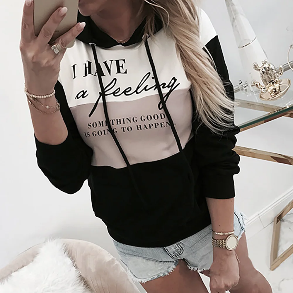  Autumn Women Hoodies Top Pullover Sweatshirt Long Sleeve Letter Printed Lady Hooded Shirt Patchwork