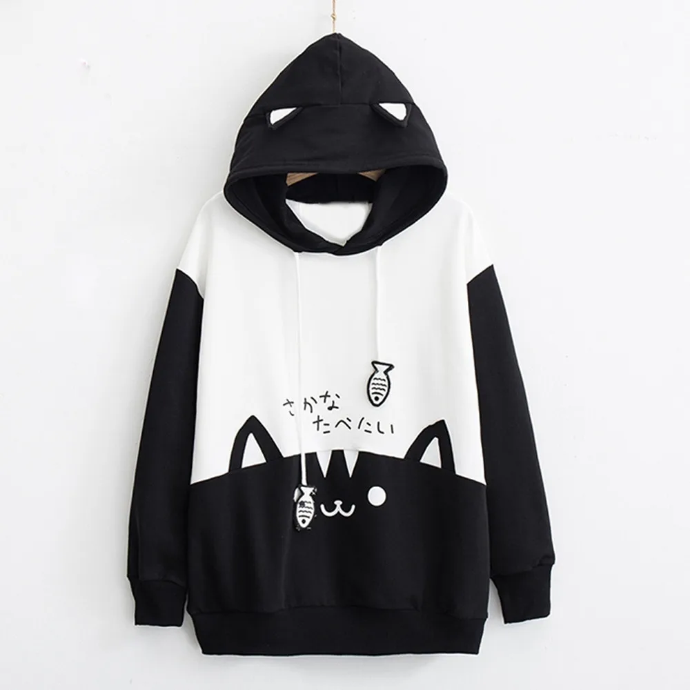 JAYCOSIN Women Casual Long Sleeve Sweatshirt Kitty Cat Print Pocket Thin Hoodie Pockets Unique Print Chic Comfortable Pullover