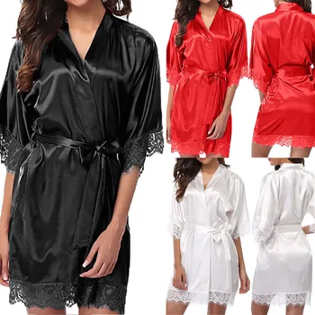 

2 Pieces Sleepwear 2019 Women Satin Pyjamas Robe Satin Sexy Lace Kimono Pajamas Sleep&Lounge Pijama Silk Nightwear Sleepdress *S
