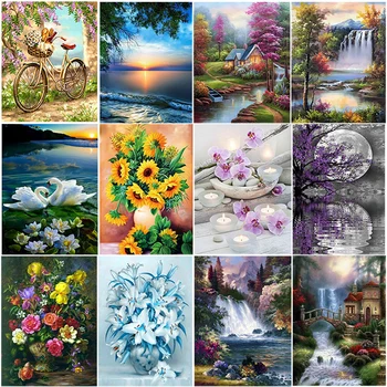 

DIY 5D Diamond Painting Flower Basket Diamond Embroidery Cross Stitch Landscape House Full Round Mosaic Rhinestone Home Decor