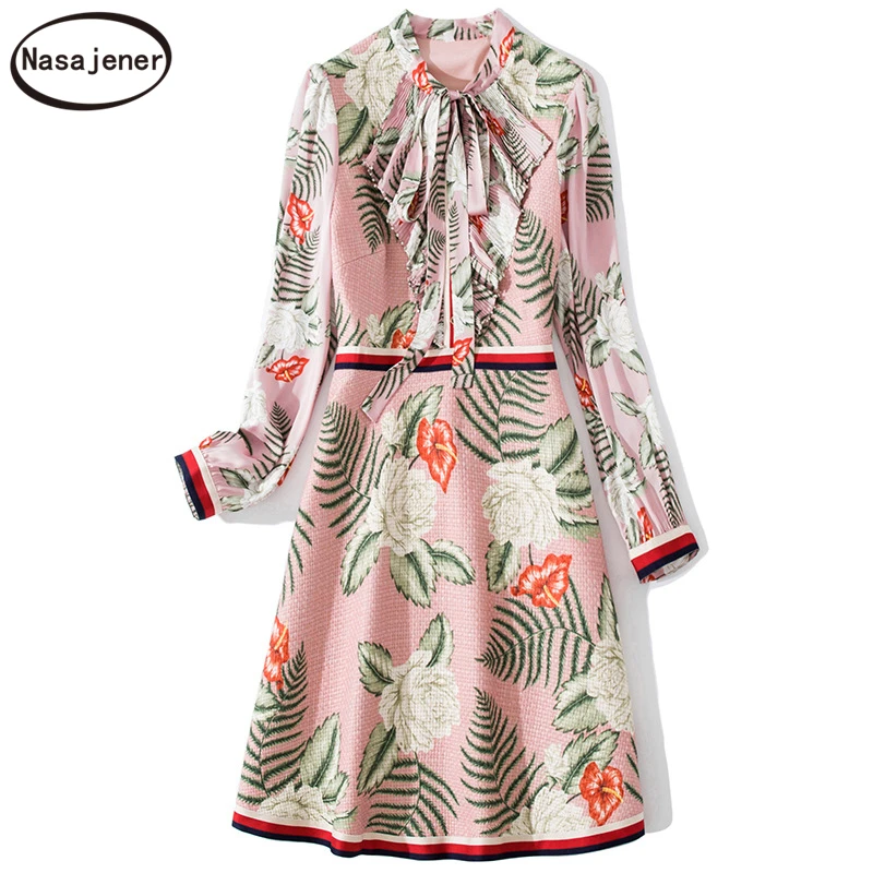

Spring And Autumn New Fashion Elegant Temperament Bowknot Collect Waist Sweet Print Ruffled Slimming Dress Bohemian Princess