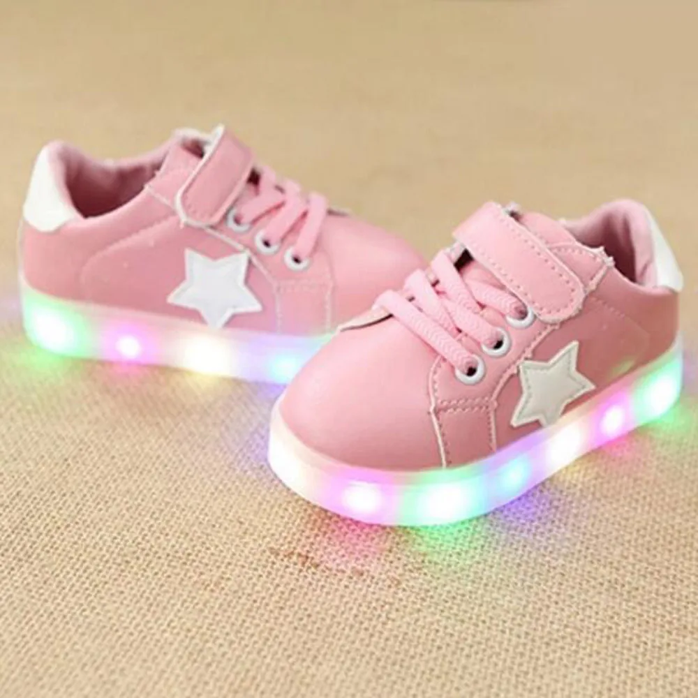 Детская обувь; Светодиодный светильник; кроссовки для маленьких девочек; кожаные кроссовки для мальчиков с противоскользящей функцией; модный простой дизайн - Цвет: Розовый