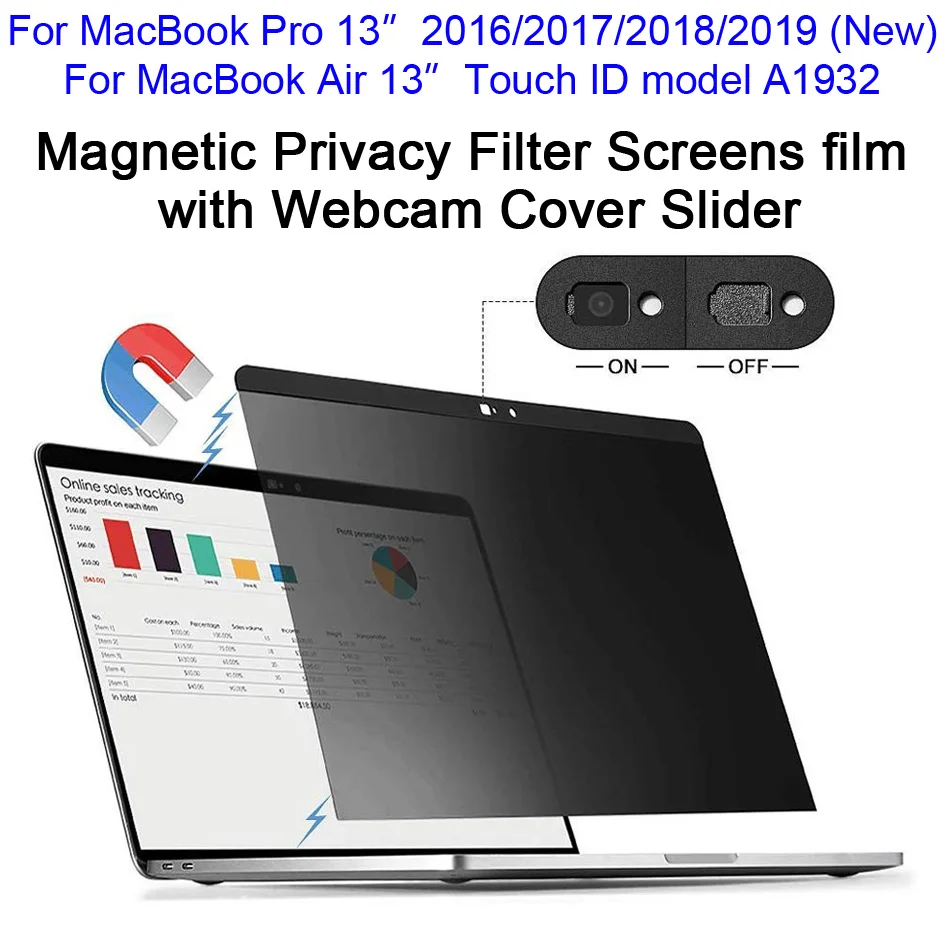 Magnetic Privacy Filter Screens film with Webcam Cover Slider For 2016/2017/2018/2019 New MacBook Pro 13, Touch ID Air 13