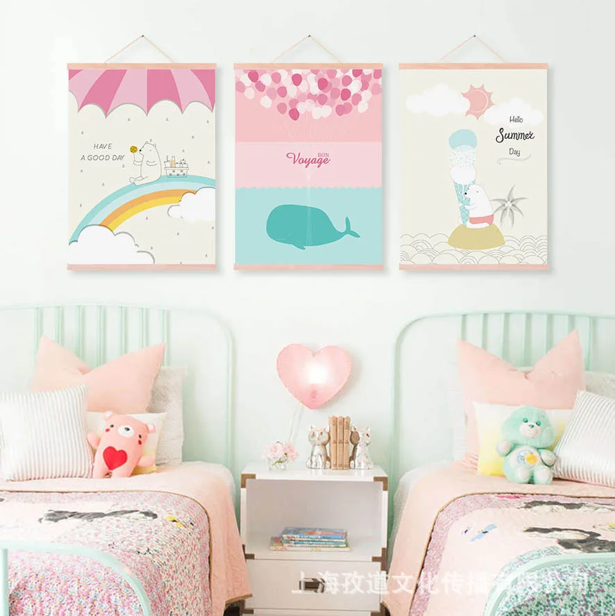 

Mild Art Solid Wood gua zhou hua Hipster Cute Pink Whale Balloon CHILDREN'S Room Kindergarten Decoration Scroll Painting