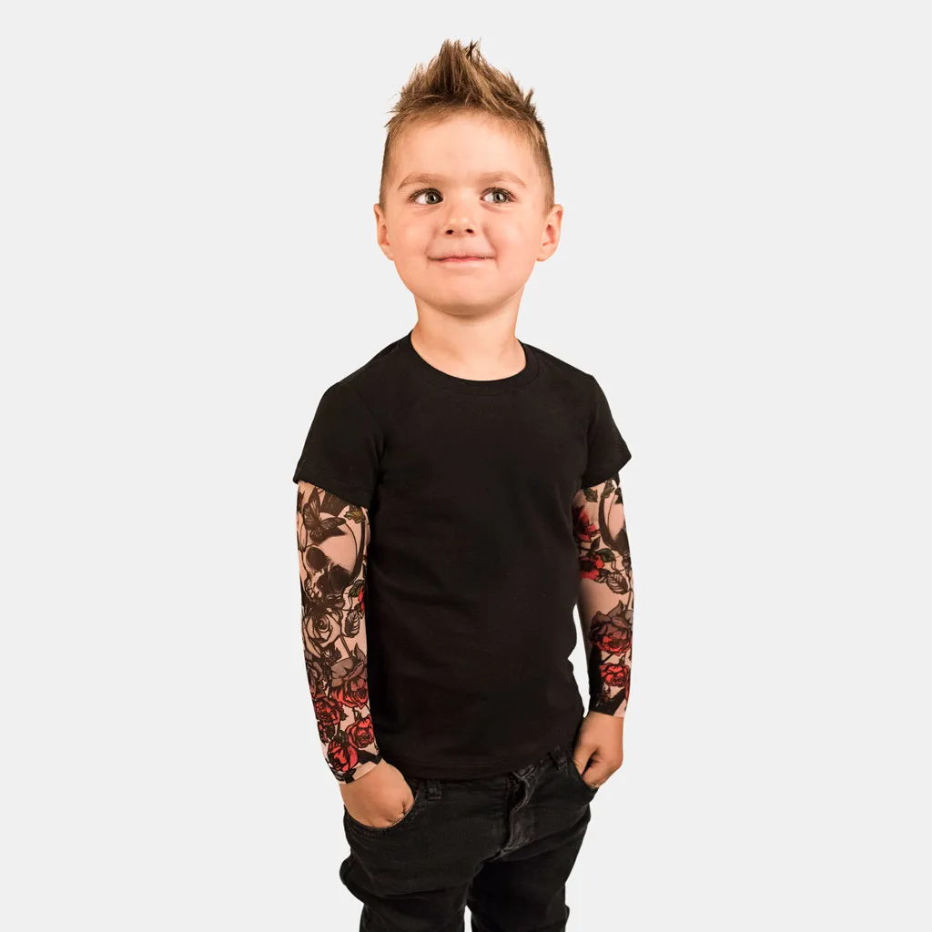 Модная детская одежда для мальчиков хлопковая Футболка с круглым вырезом для маленьких мальчиков, с сеткой, с принтом тату, с рукавами, с цветочным принтом, топы H4
