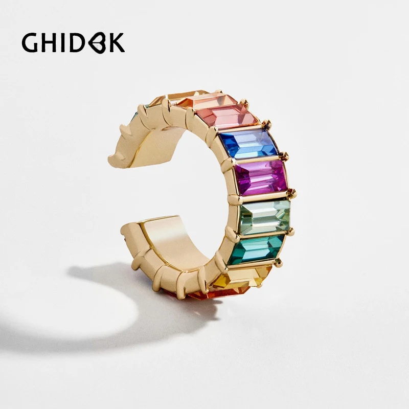 

GHIDBK Demo Rainbow Square Rhinestone Cartilage Earrings Geometric Minimalist Ring Earring Statement Earring Clips Wholesale