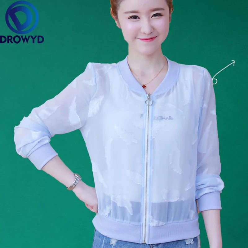 

Summer White Thin Baseball Jacket 2020 Women Casual Long-sleeve Transparent Bomber Tops Breathable Sunscreen Cardigan Slim Coat