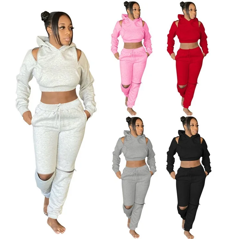

2 Piece Set Women Sweatsuits Women Fall Winter Thicken Clothes Hooded Drop Shoulder Top Pants zip Outfit Wholesale Dropshipping
