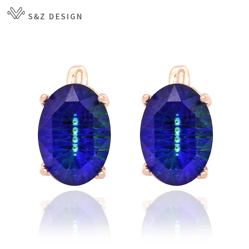 S&Z DESIGN New Fashion Colorful Oval Crystal Dangle Earrings For Women Wedding Jewelry 585 Rose Gold Color Egg Shape Eardrop