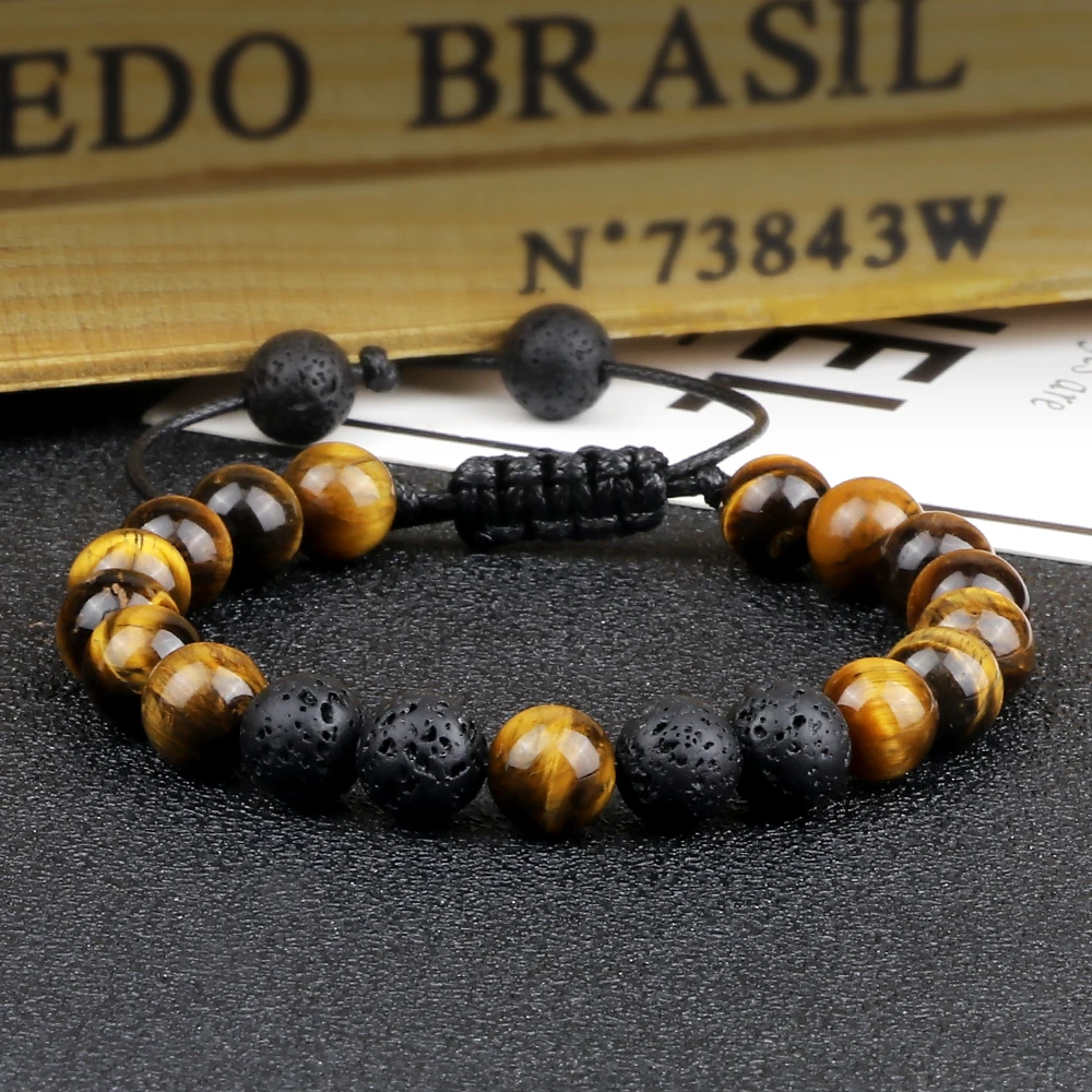 Stone Bead Bracelet 8mm Men Black Lava Beads Tiger Eye Adjustable Braided Rope Couple Women Yoga Healing Jewelry