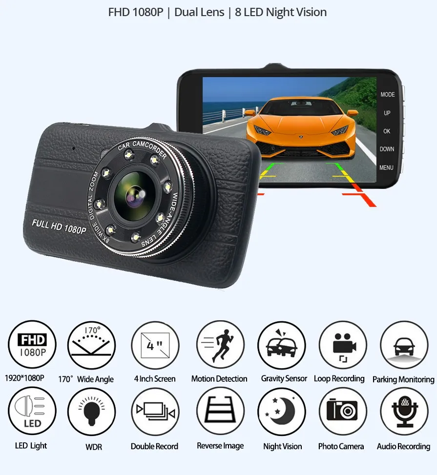 

Car Dvr Camera 4.0" Full HD 1080P Dash Cam Auto Registrator Dual Lens Night Vision With Rear View Camera Video Recorder