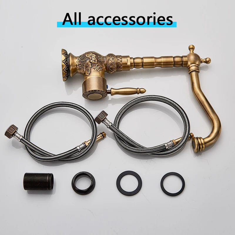 Basin Faucet Bathroom Faucet Rozin Antique Brass Basin Faucet Long nose Spout Flower Carved Wash Sink Tap 360 Rotation Single Handle Mixer Tap Torneiras