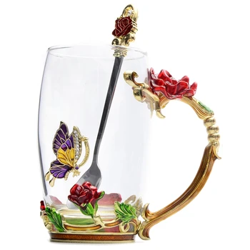 

Beauty And Novelty Enamel Coffee Cup Mug Flower Tea Glass Cups For Hot And Cold Drinks Tea Cup Spoon Set Perfect Wedding Gift Hi