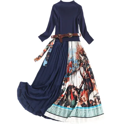 

Elegant Knitted Patchwork Pleated Midi Dress 2020 Fall Winter Fashion Women Long Sleeve Ethnic Retro Printing Pleated Dress