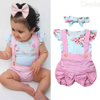 

Newborn Baby Girl Fly Sleeve Floral Jumpsuit Tops Suspender Shorts Overalls Headband 3PCS Baby Clothing Set
