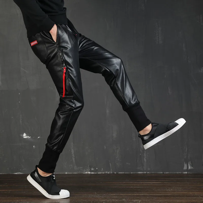 

2020 Autumn And Winter Slim Fit Korean-style Elastic Waist Beam Leg Trousers xi shui pi Zipper Red Belt Decoration Men's Skinny