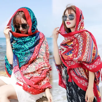 

Summer Cotton linen Ethnic Printing Scarf Female Tassel Print Large Shawl Travel Scarf Seaside Holiday Sunscreen Beach Scarves