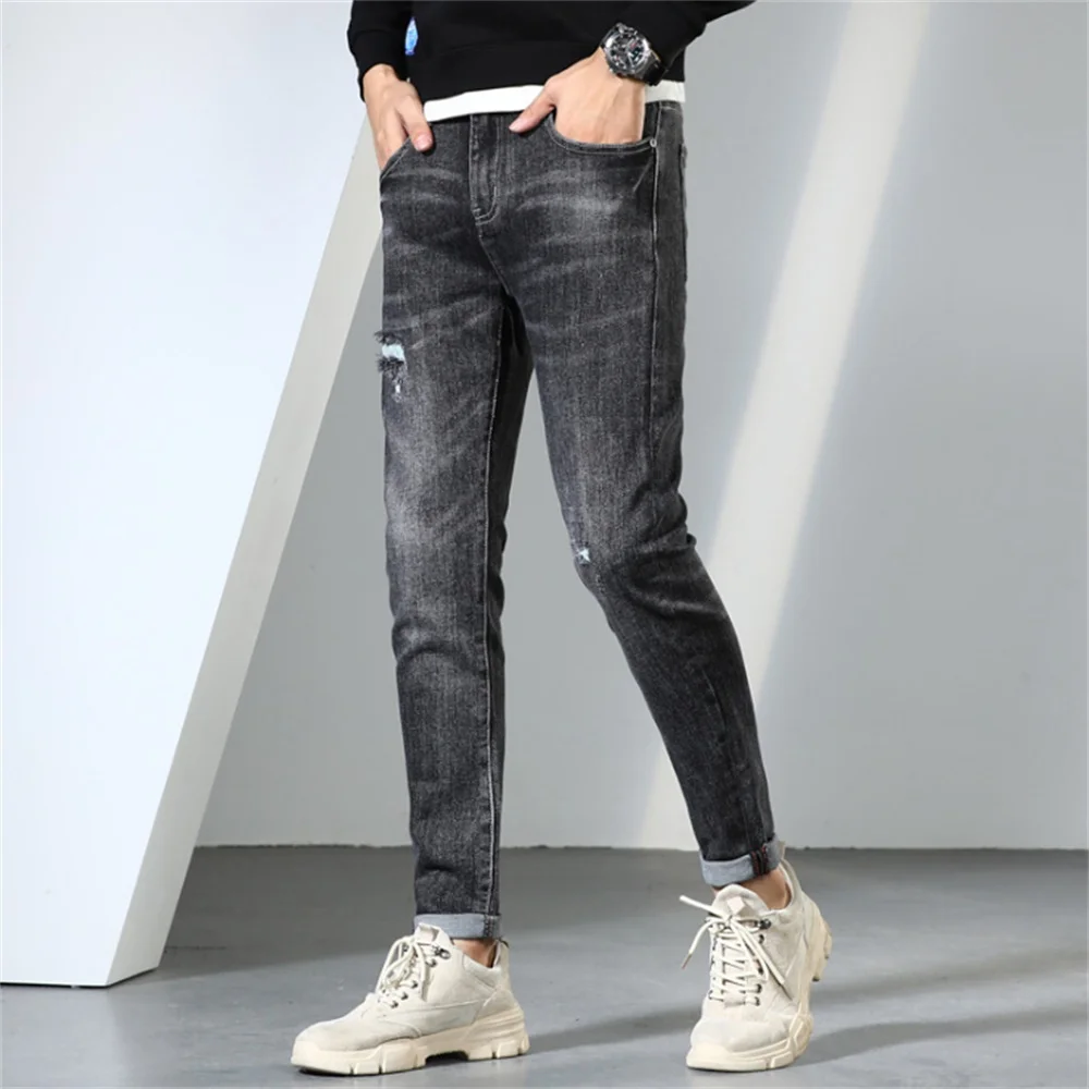 EH·MD® Embroidered Jeans Men's Stretch Word Art Decoration Youth Soft Casual Cotton Slim Pencil Pants Badge Pocket High Street