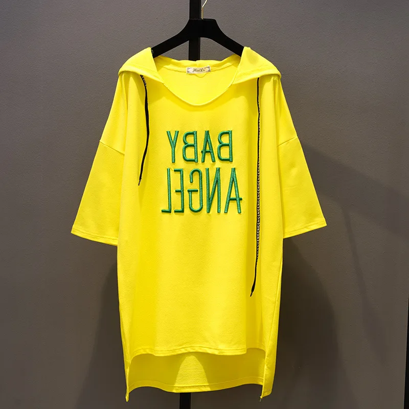 Новая мода лето Для женщин большой Размеры T рубашка однотонная с вышитыми надписями, свободная женская рубашка студентов, подходит ко всему, с капюшоном, футболки - Цвет: Цвет: желтый