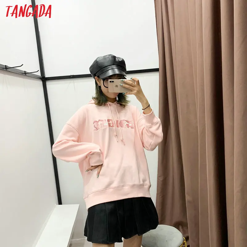 Tangada women fashion pink letter embroidery sweatshirts oversize long sleeve loose hood pullovers female tops 6P52