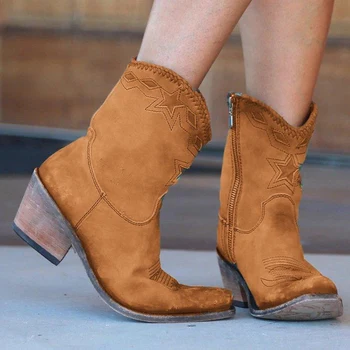 

Women Ankle Boots Western Retro Leather Heels Pointed Toe Solid Pattern Sewing Botas Mujer Female Side Zipper Boots