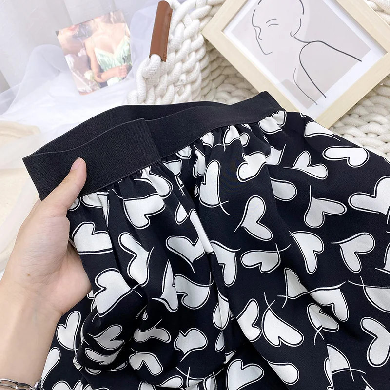 Cotton Summer Mid-calf Skirt Women Heart A Line Stylish Skirt Sweet Elastic Waist Loose Love Print Skirt Elegant Umbrella Skirts maxi skirts for women
